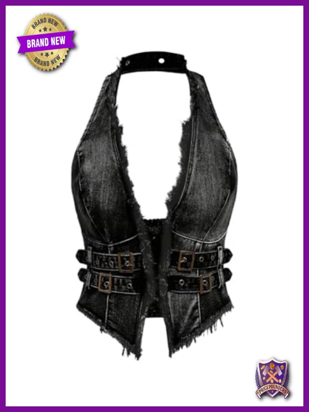 Sleeveless Halter Backless Denim Top Fringe Trim Hippie Clubwear Vest